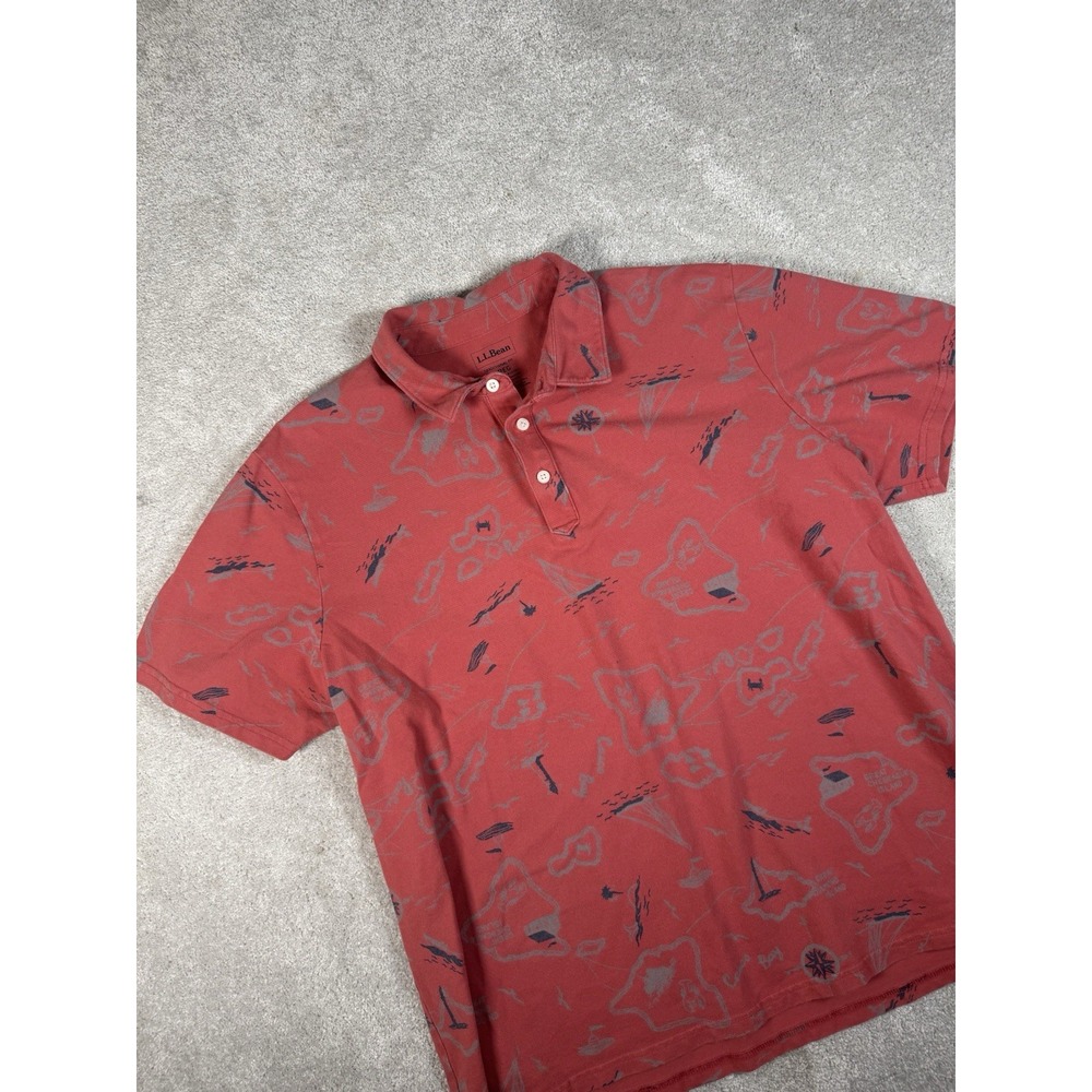 L.L. Bean Polo Shirt Men's L Traditional Fit‎ Red Vacation Beach Island All Over